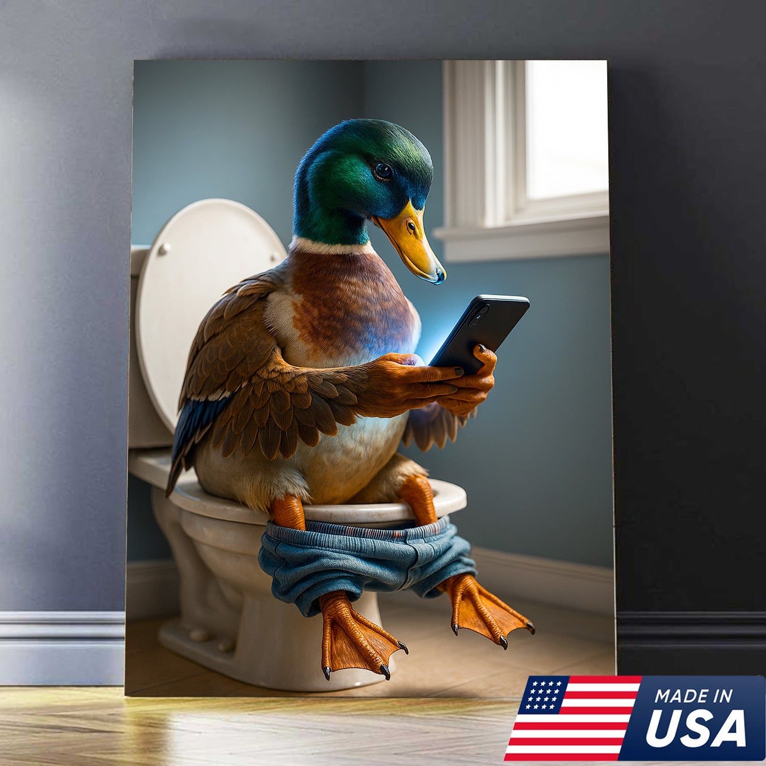 Funny Duck on Toilet Canvas Wall Art – Hilarious Gift for Men, Husband or Bathroom Decor