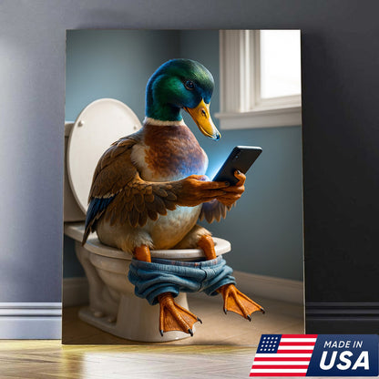 Funny Duck on Toilet Canvas Wall Art – Hilarious Gift for Men, Husband or Bathroom Decor
