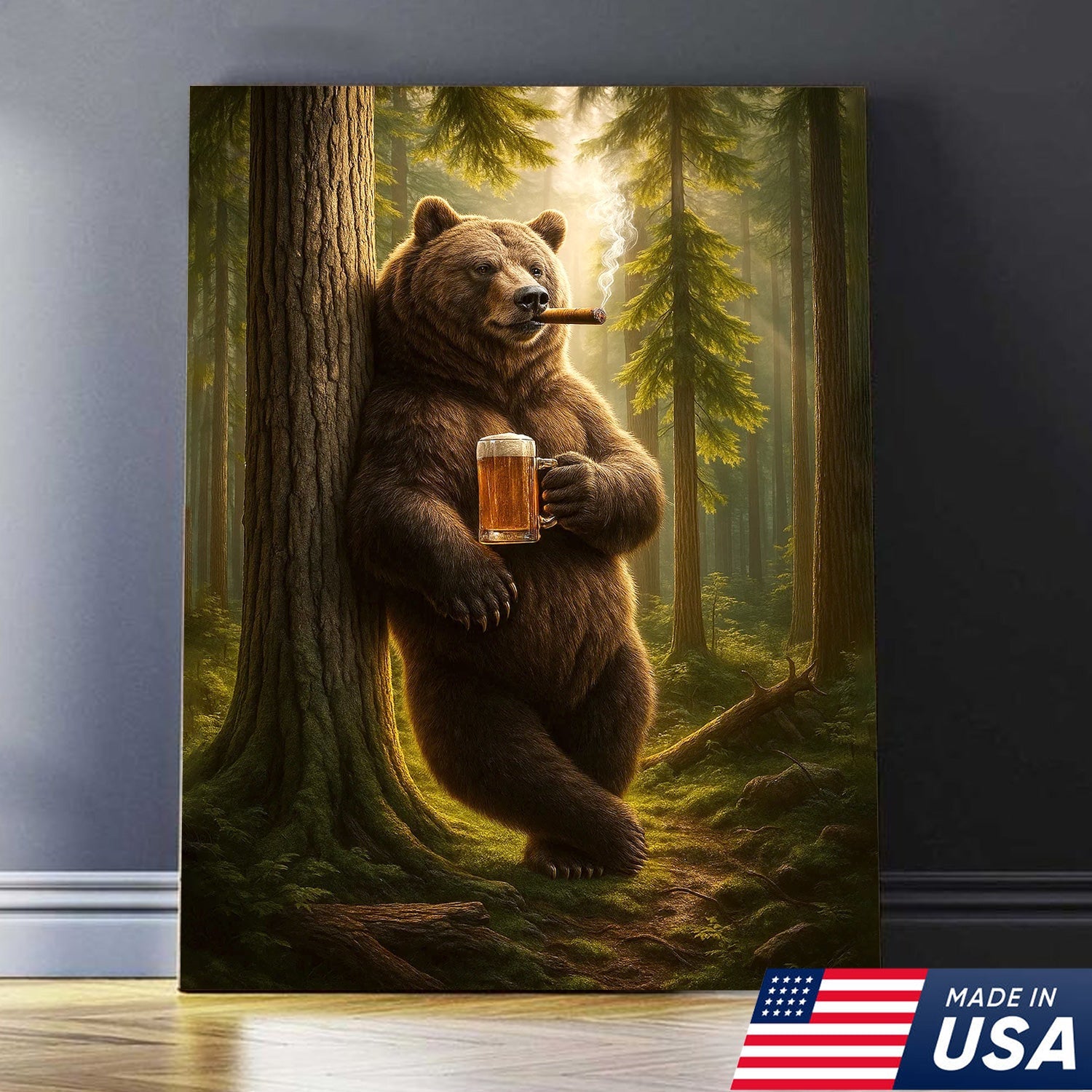 Rustic Bear in Forest Canvas Wall Art, Woodland Animal Decor, Nature Landscape Home Decoration