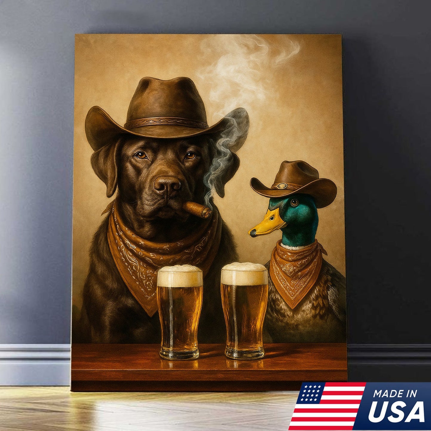 Funny Dog and Duck Canvas Wall Art – Rustic Cowboy Bar Decor Gift for Hunters and Lodge Lovers