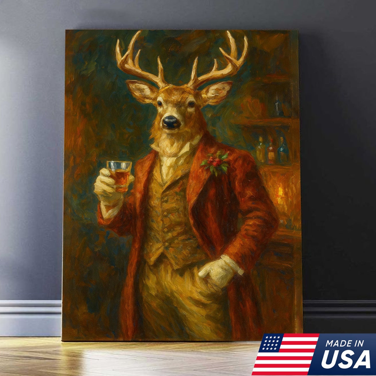 Deer Gentleman Wall Art Canvas – Whiskey Hunter Canvas Decor for Rustic Cabin