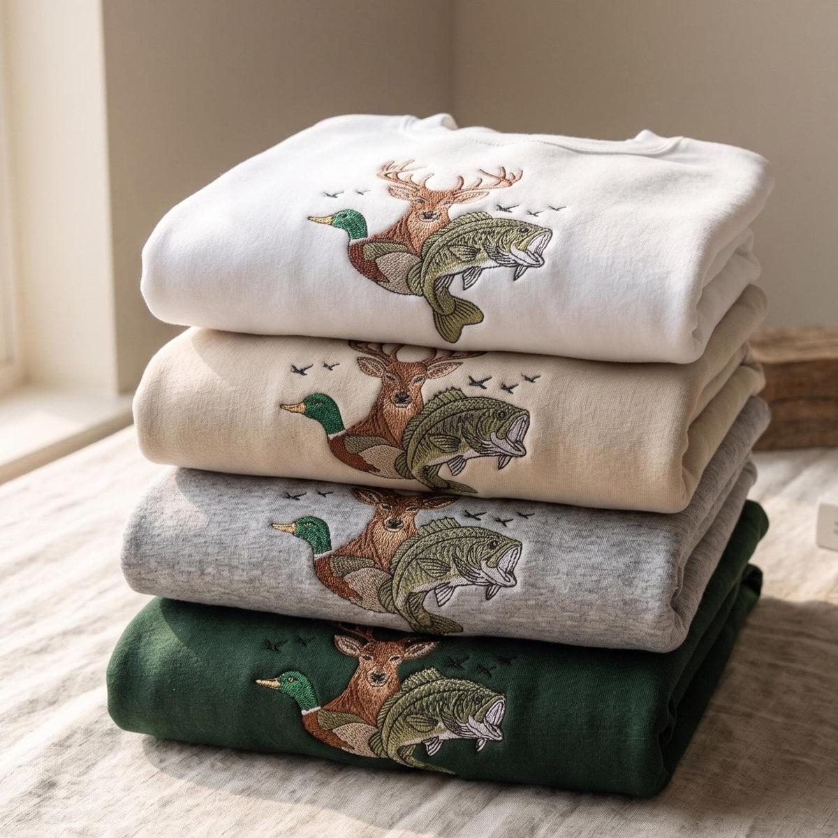Embroidered Deer Duck Fish Sweatshirt, Hunting and Fishing Crewneck