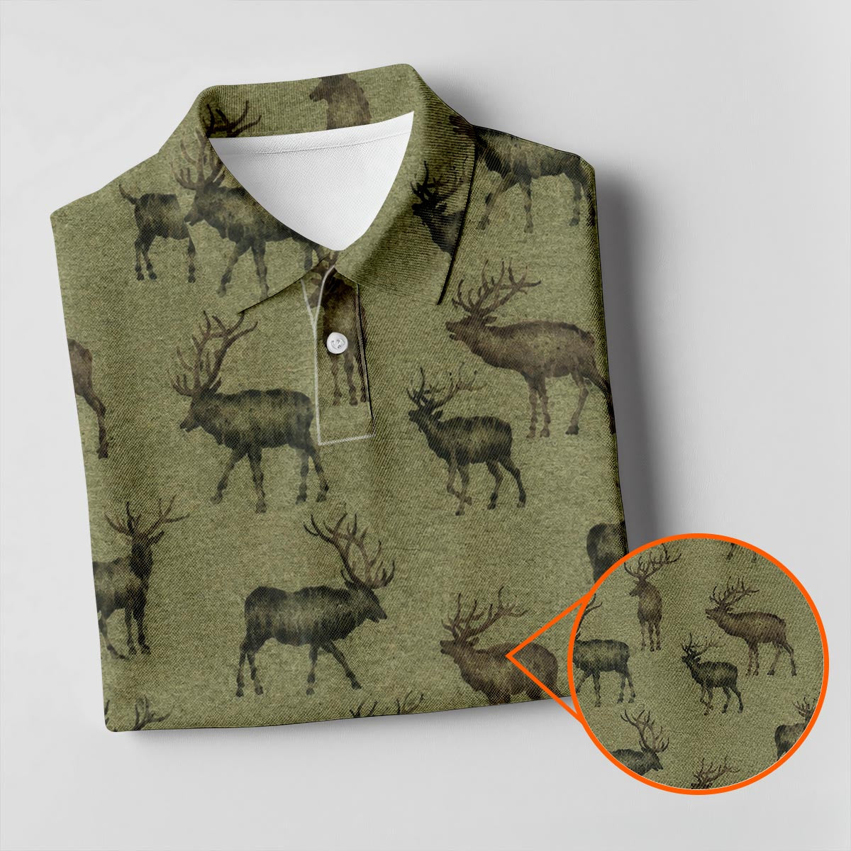 Elk Pattern Polo Shirt Olive Green Hunting Shirt For Men