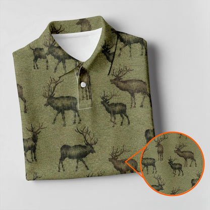 Elk Pattern Polo Shirt Olive Green Hunting Shirt For Men