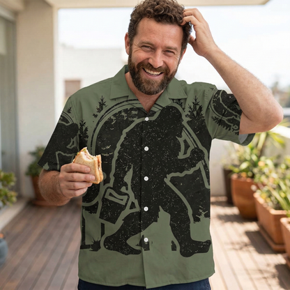 Bigfoot Fishing Green Military Hawaiian Shirt