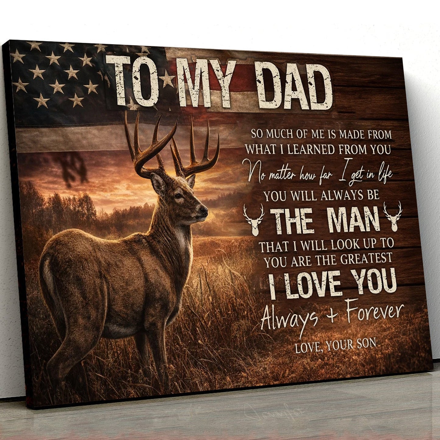To My Dad Deer Canvas Wall Art, Patriotic Father Son Love Quote Artwork