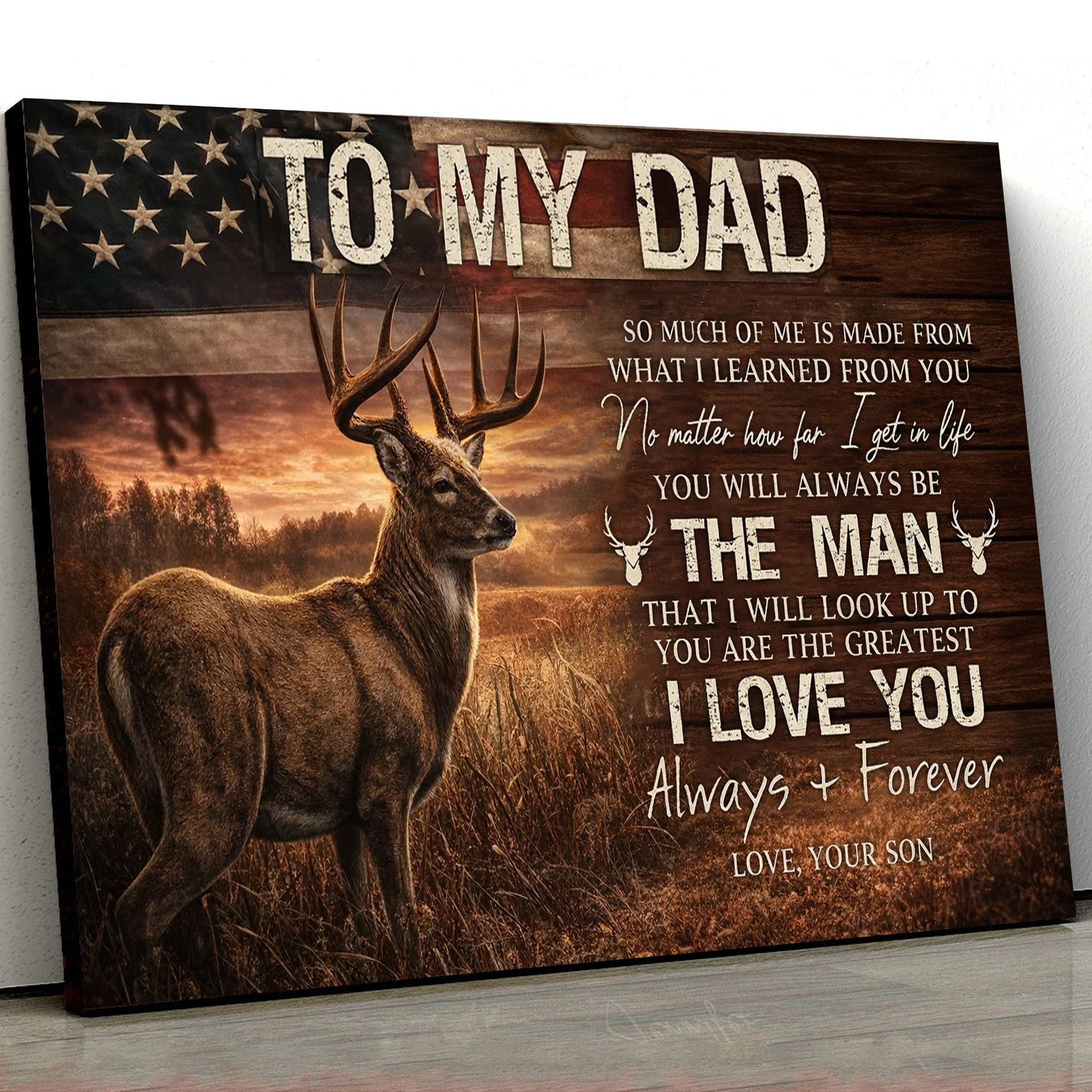 To My Dad Deer Canvas Wall Art, Patriotic Father Son Love Quote Artwork