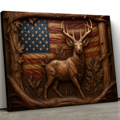 American Deer Flag Canvas Wall Art — Rustic Patriotic Design with Buck and Carved Wood Frame