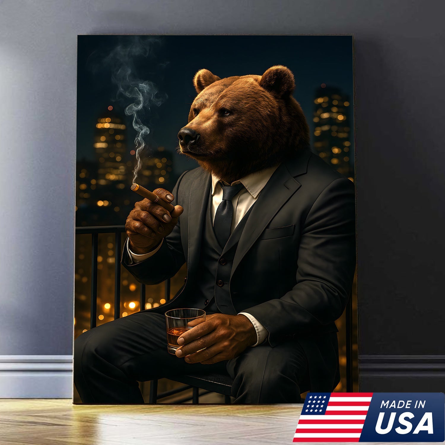 Boss Bear Wall Art – Suited Animal Smoking Canvas, Whiskey Lounge Decor, Alpha Man Gift