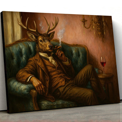Deer Gentleman Canvas Wall Art – Dapper Buck in Suit on Teal Sofa, Vintage Lounge Portrait