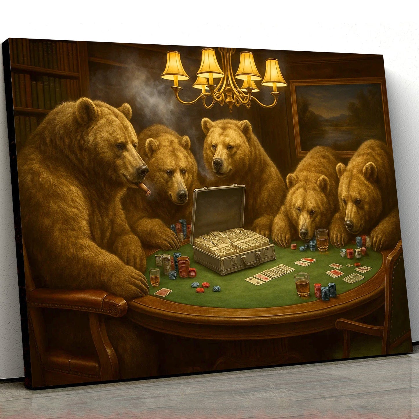 Bears Playing Poker Canvas Wall Art, Funny Casino Game Room Decor, Bear Poker Table Print