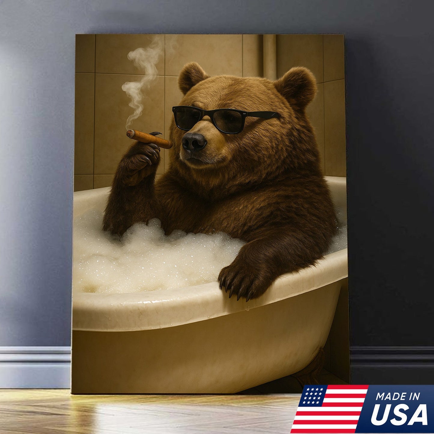Cool Bear Canvas Wall Art – Funny Relaxing Bathtub Gift for Hunters & Outdoorsmen