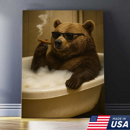 Cool Bear Canvas Wall Art – Funny Relaxing Bathtub Gift for Hunters & Outdoorsmen