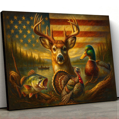 American Flag Hunting Canvas Wall Art – Whitetail Buck, Wild Turkey, Mallard Duck & Largemouth Bass