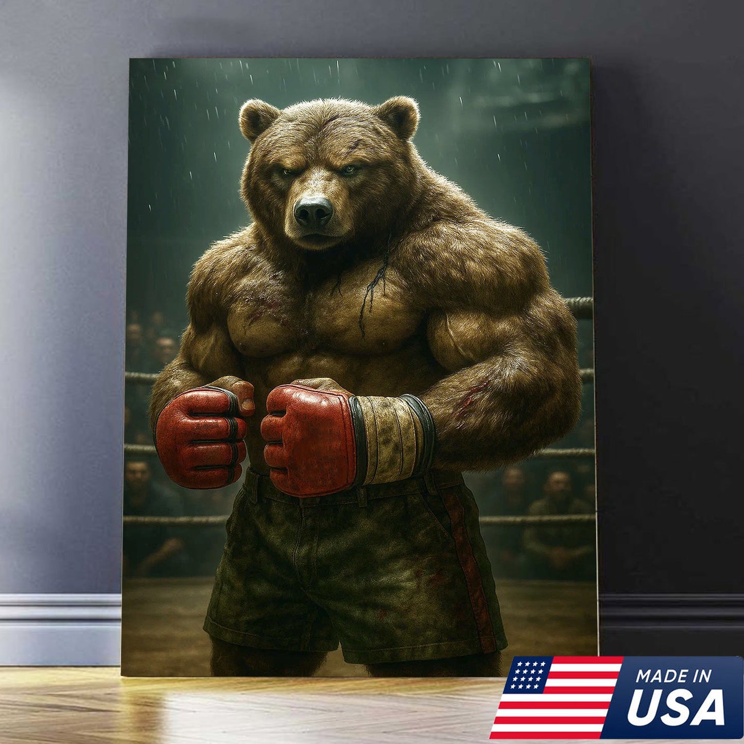 Boxer Bear Canvas Wall Art, Fierce Animal Fighter Artwork, Powerful Strength Decor for Men