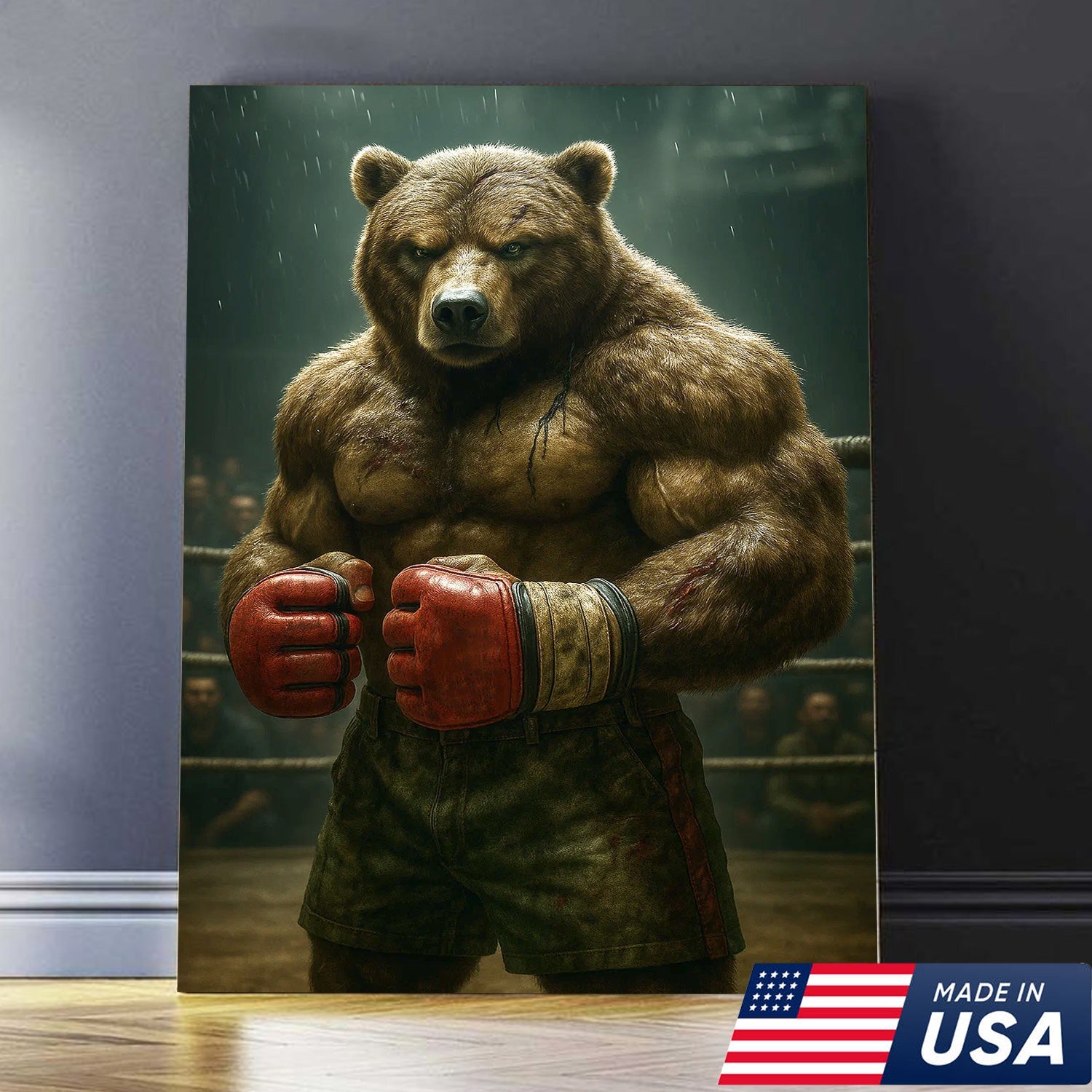 Boxer Bear Canvas Wall Art, Fierce Animal Fighter Artwork, Powerful Strength Decor for Men