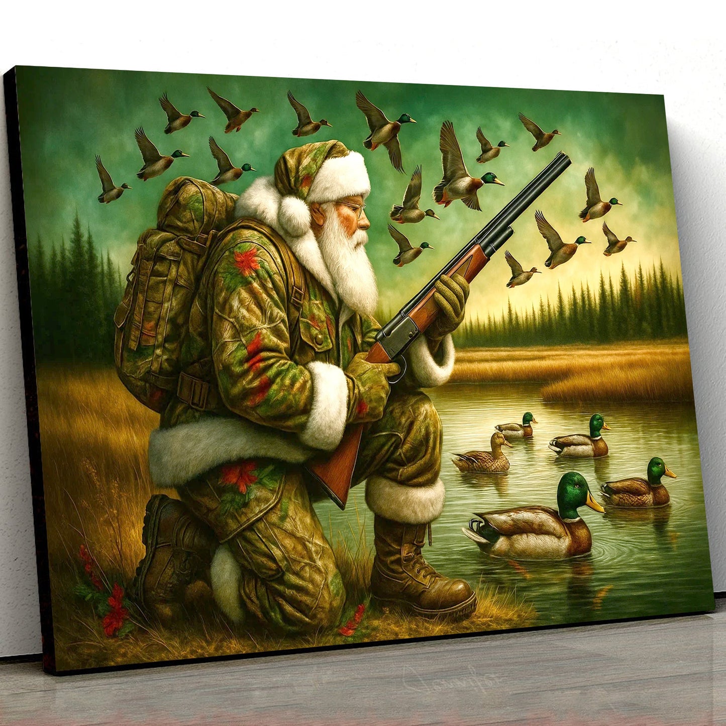Santa Duck Hunting Canvas Wall Art, Rustic Christmas Cabin Decor, Outdoor Waterfowl Hunter Gift