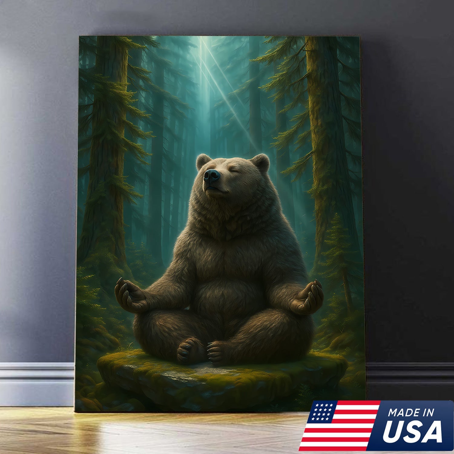Zen Bear Wall Art – Meditating Bear Canvas for Cabin, Nature Lovers & Rustic Home Decor