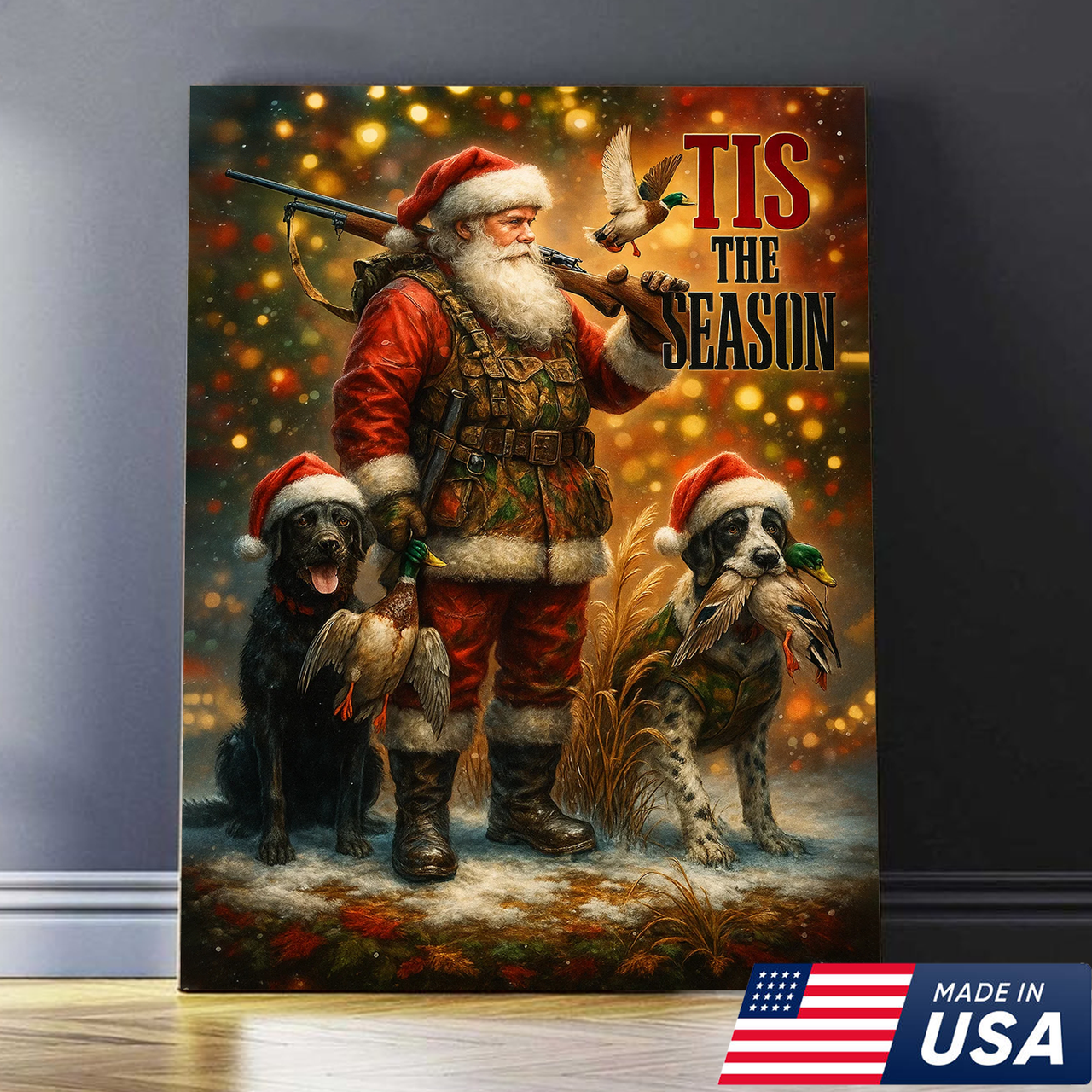Rustic Christmas Hunting Canvas Art - Santa with Hunting Dogs and Ducks Holiday Wall Decor