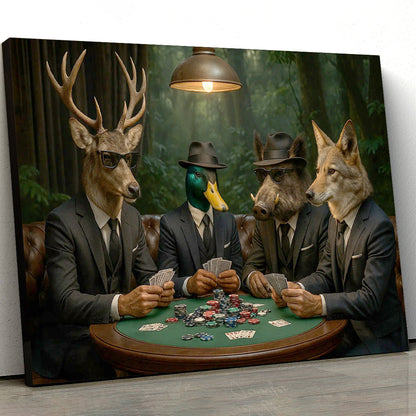Hunter Animals Playing Poker Canvas - Deer, Duck, Boar & Coyote Poker Print