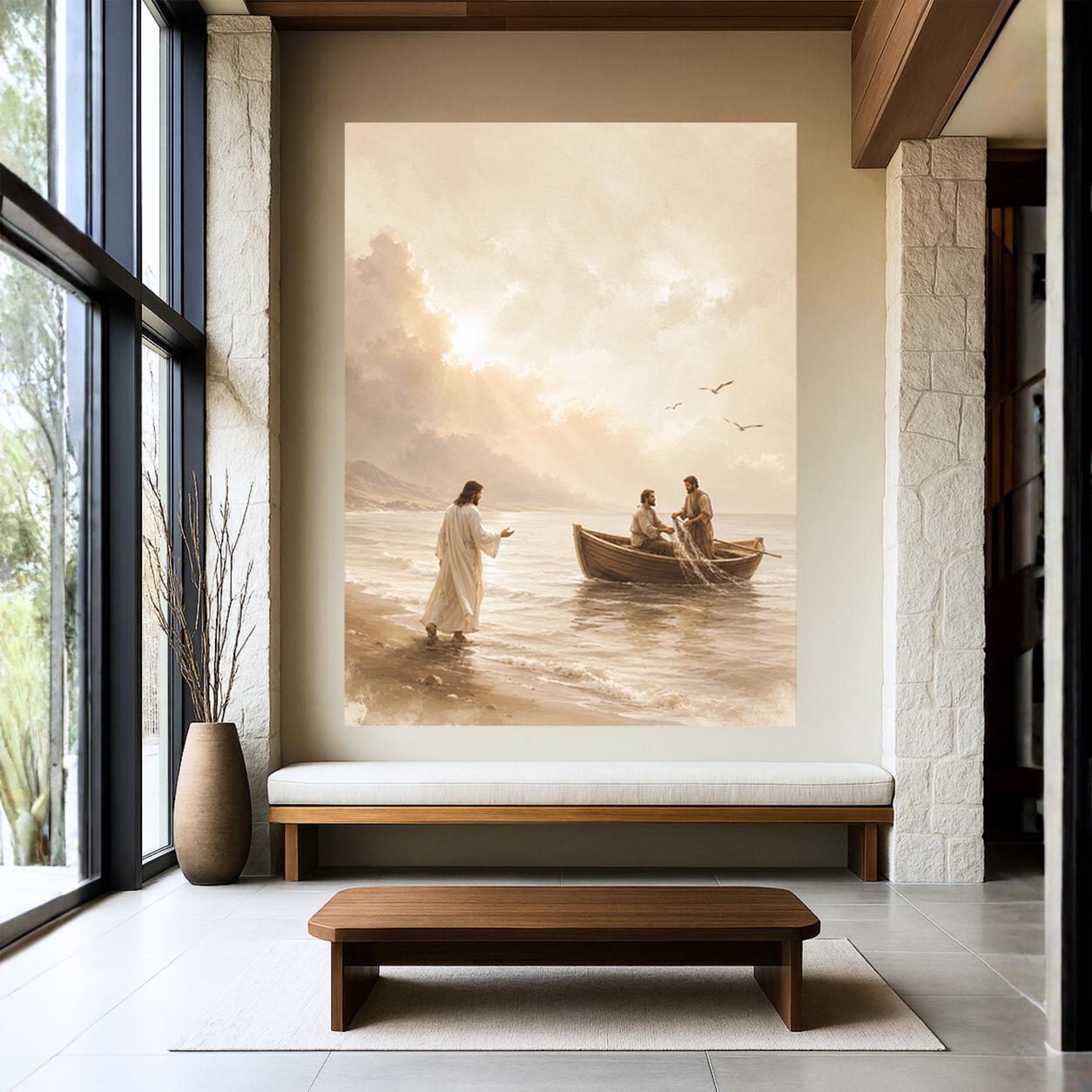 Jesus Walking on Shore Canvas Print, Christian Wall Art, Biblical Coastal Wall Decor