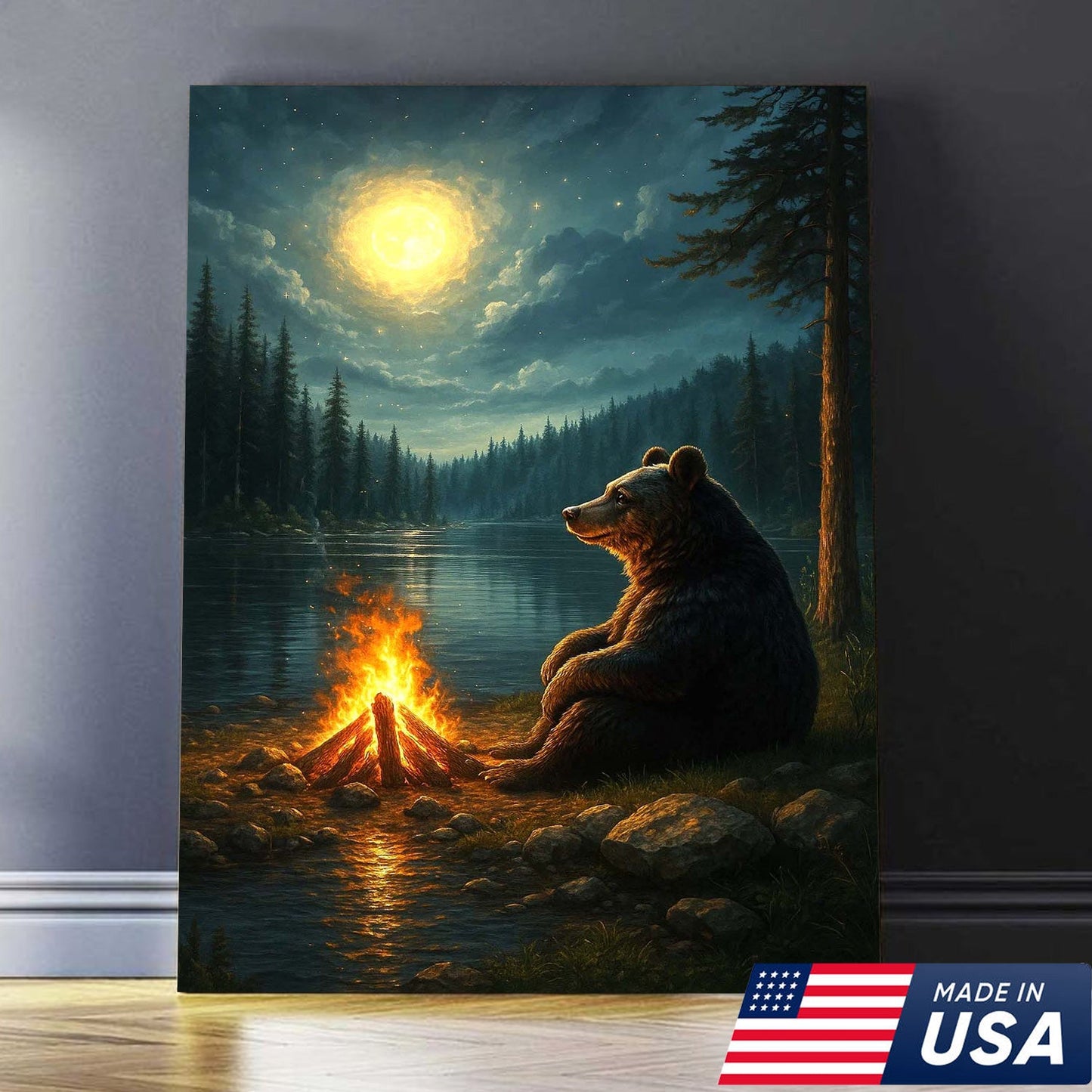 Bear Campfire Night Wall Art Canvas, Cozy Camping Bear by Lake