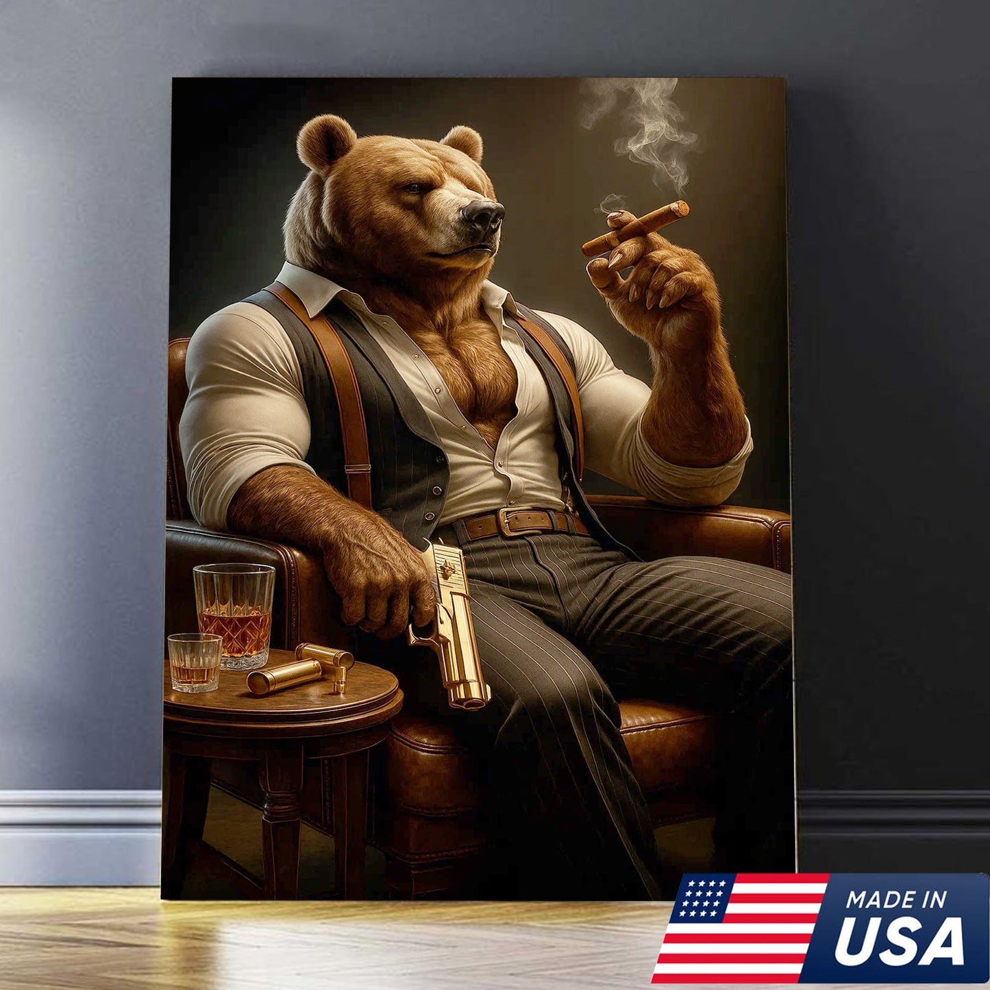 Boss Bear Canvas Wall Art, Stylish Anthropomorphic Animal Portrait, Masculine Power Lounge Decor