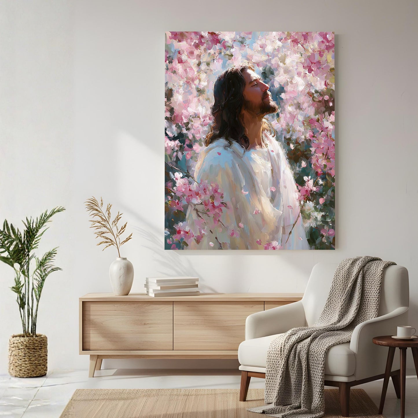 Jesus Canvas Wall Art, Christian Floral Painting, Religious Home Decor