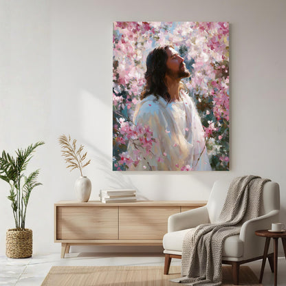 Jesus Canvas Wall Art, Christian Floral Painting, Religious Home Decor