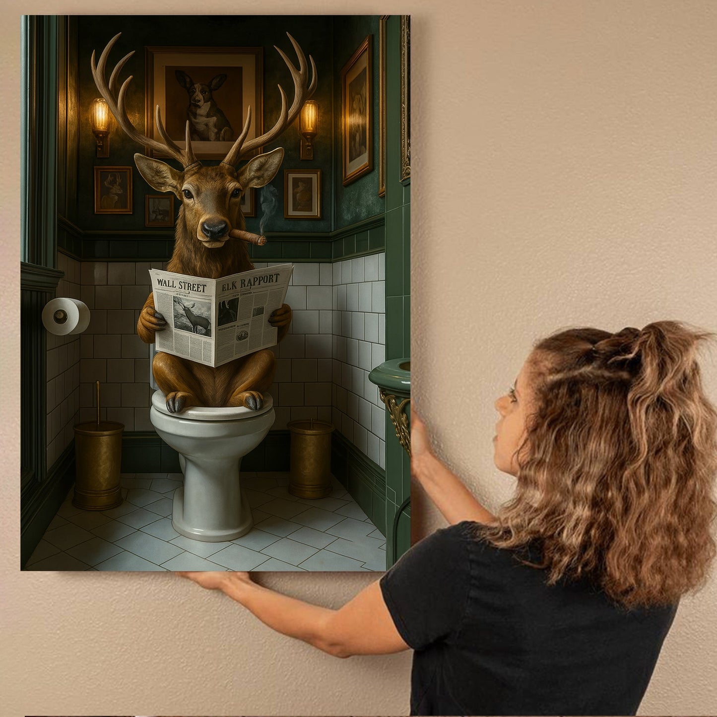 Funny Deer on Toilet Canvas Art – Stylish Animal Wall Art with Smoking and Wall Street Newspaper