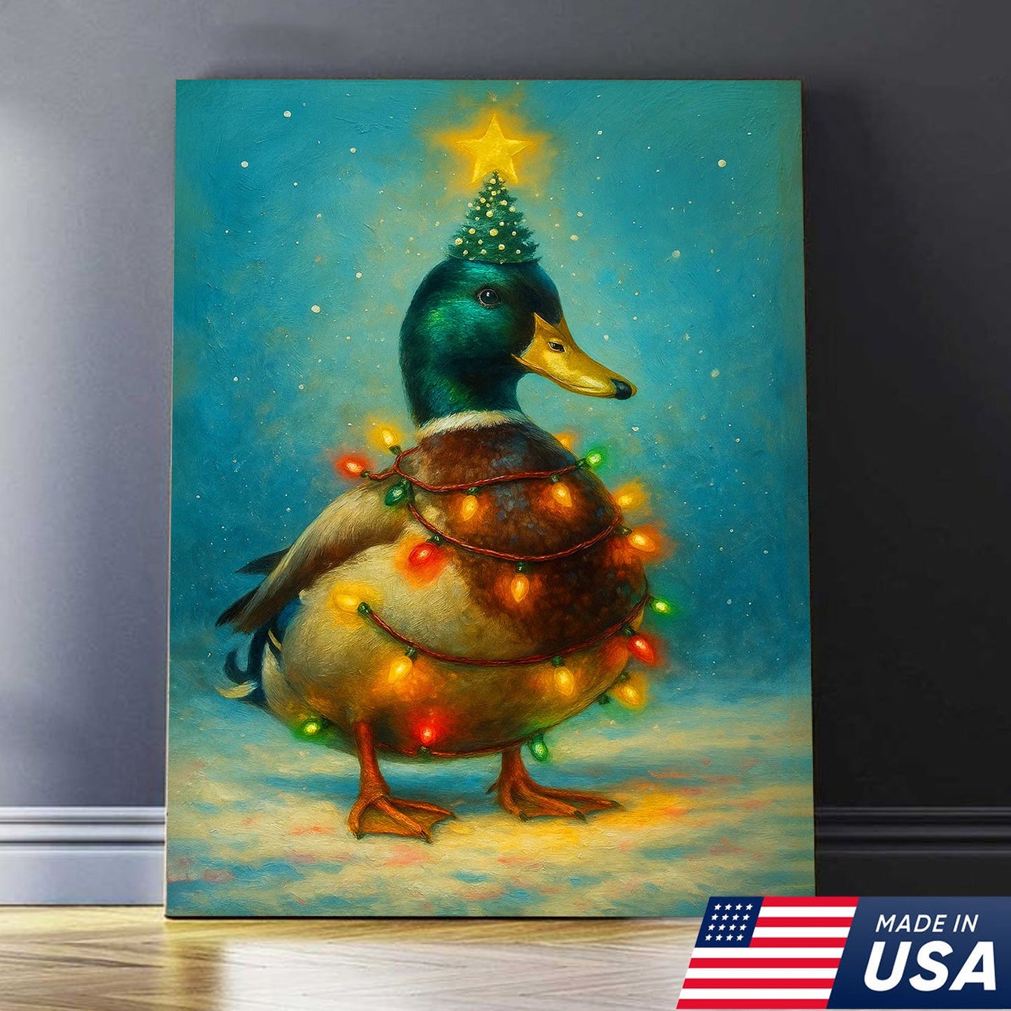 Funny Mallard Duck Christmas Canvas Wall Art – Festive Holiday Decor – Rustic Lodge Gift Idea