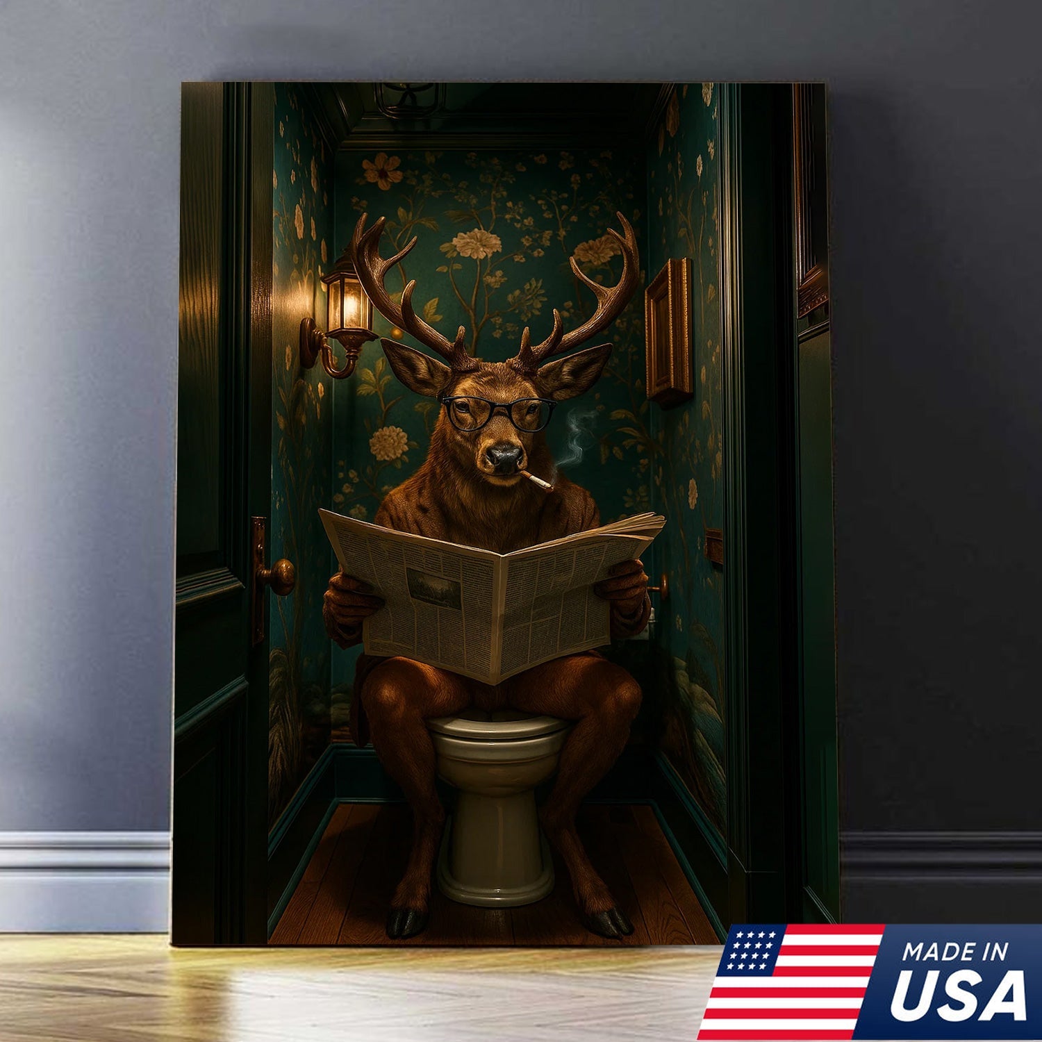 Funny Whitetail Buck Bathroom Canvas – Deer with Glasses Reading Newspaper on Toilet