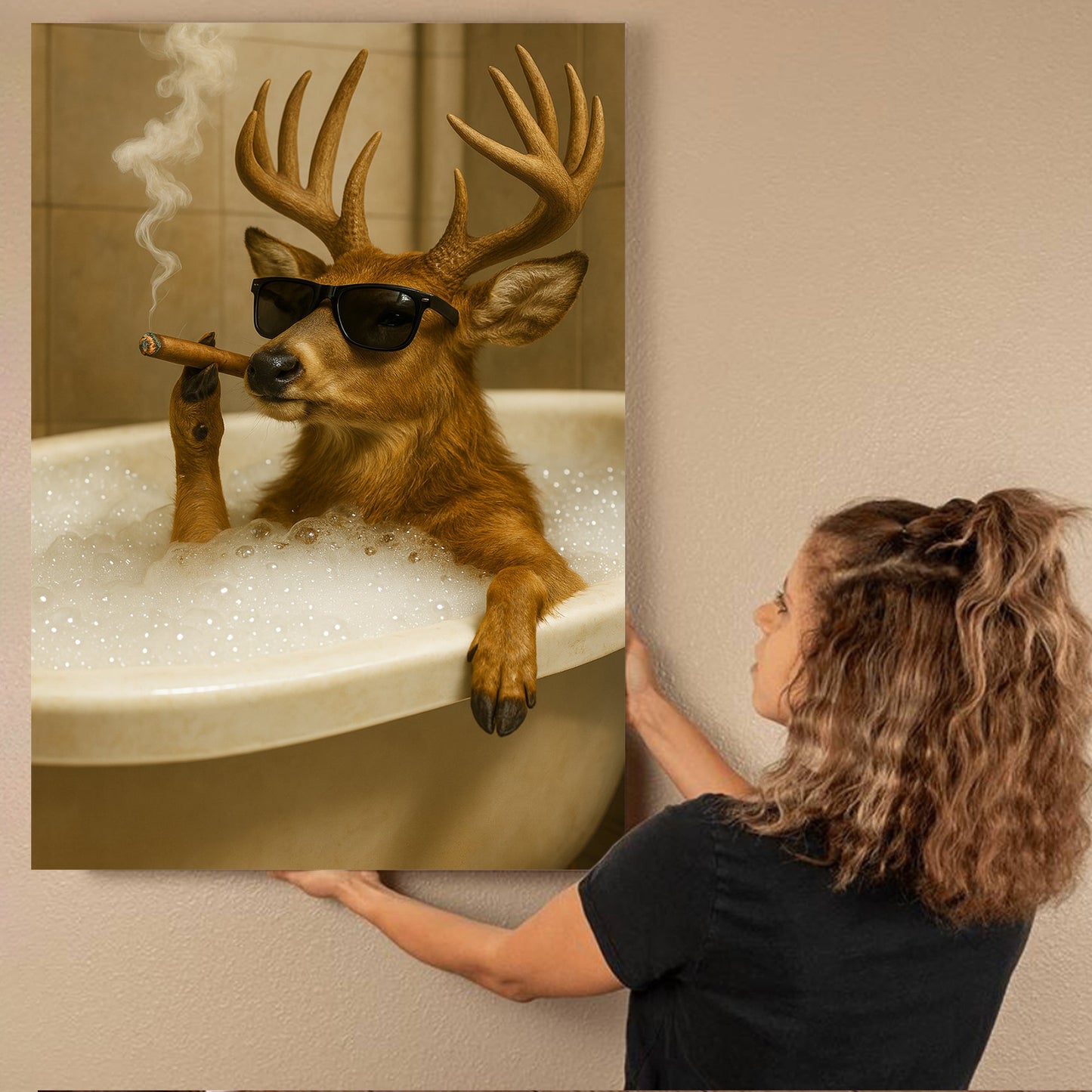 Funny Deer in Bathtub Canvas – Retro Animal Art Print with SunGlasses and Smoking for Wall Decor