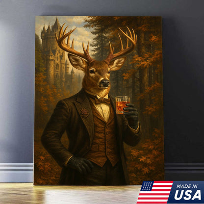 Gentleman Deer Whiskey Canvas Wall Art – Rustic Hunting Lodge & Man Cave Decor