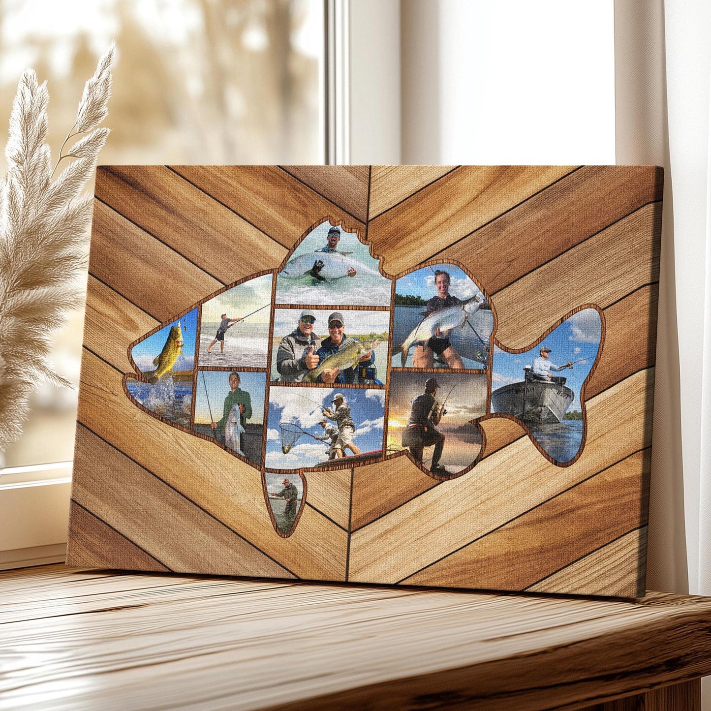 Custom Fishing Photo Collage Canvas, Fish Shape Personalized Wall Art