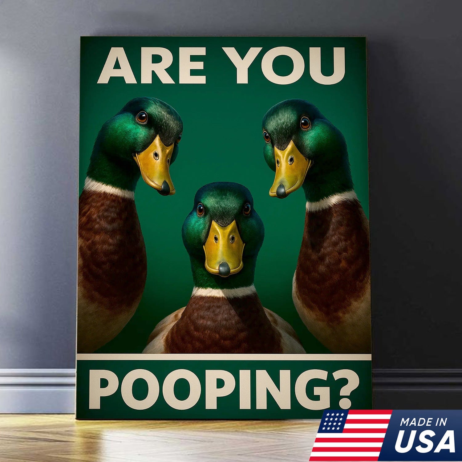 Funny Duck Bathroom Canvas Wall Art – Mallard Humor Decor – Rustic Lodge or Cabin Gift