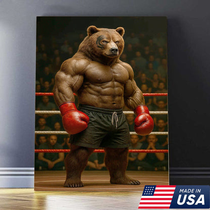 Boxing Bear Canvas Wall Art, Muscular Fighter in Red Gloves, Gym & Man Cave Decor