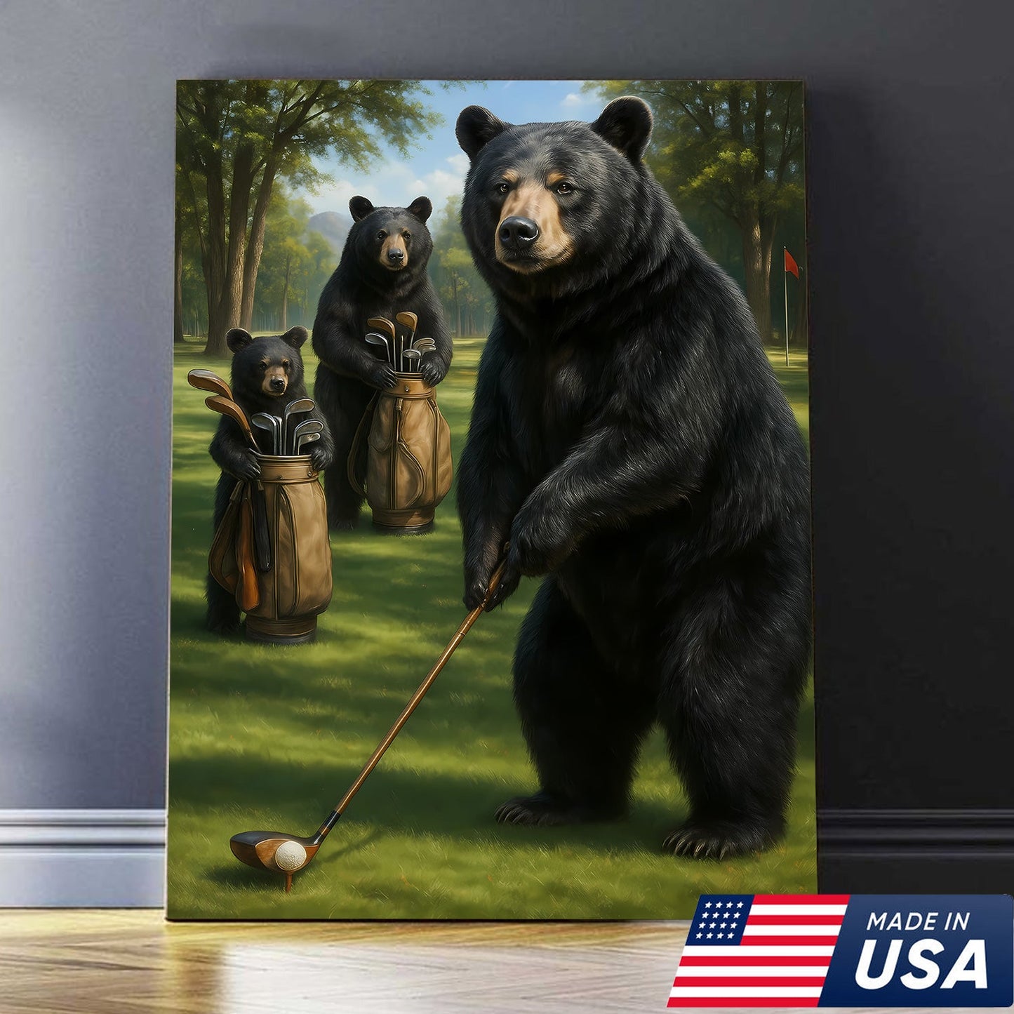 Funny Bear Golf Canvas – Rustic Cabin Wall Art Gift for Hunters, Golf Lovers & Man Caves