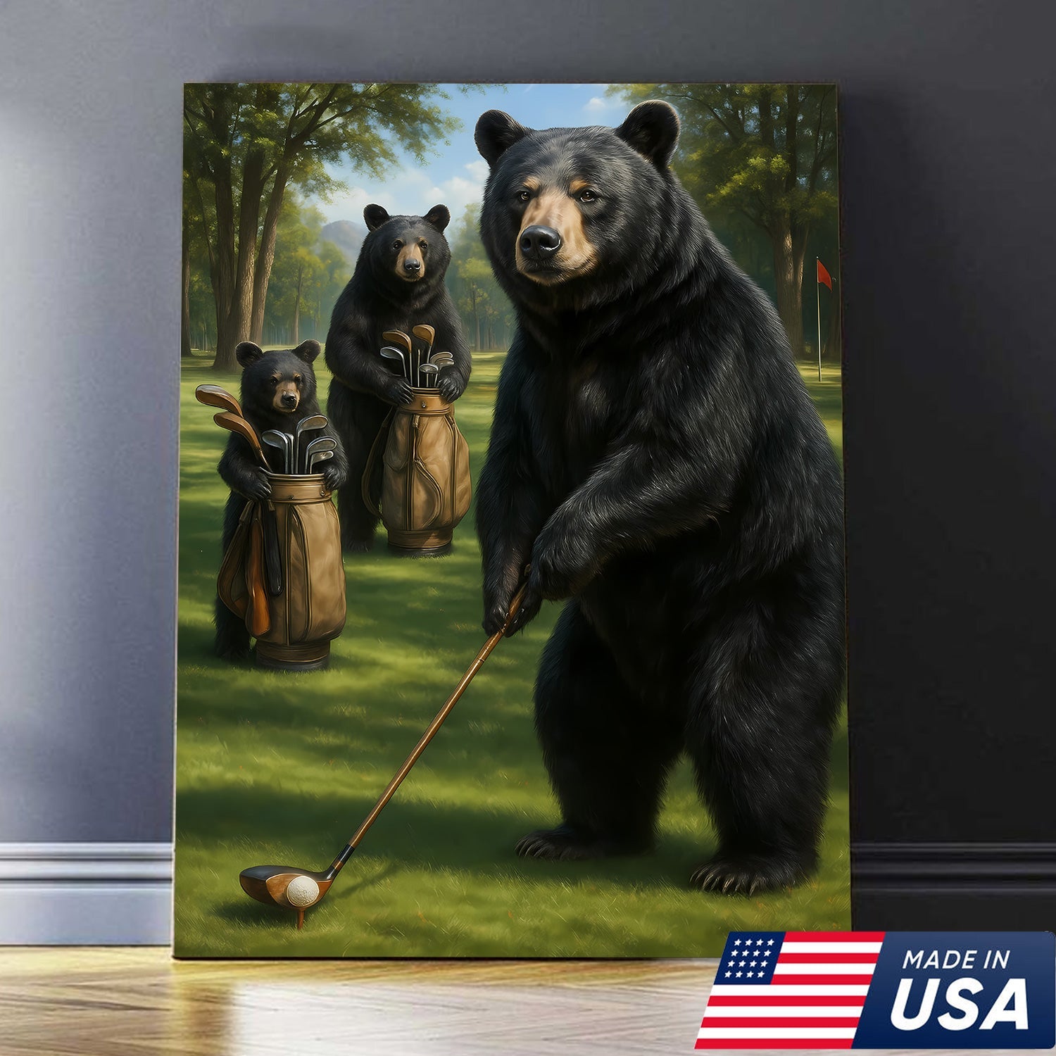 Funny Bear Golf Canvas – Rustic Cabin Wall Art Gift for Hunters, Golf Lovers & Man Caves