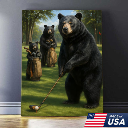 Funny Bear Golf Canvas – Rustic Cabin Wall Art Gift for Hunters, Golf Lovers & Man Caves