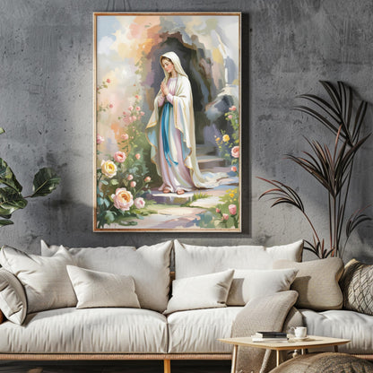 Virgin Mary Art Print: Serene Floral Catholic Home Decor Wall Art