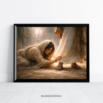Woman Healed by Faith Christian Wall Art Touching the Hem of Jesus’ Garment Canvas