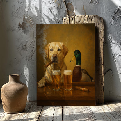 Funny Dog and Duck Beer Painting canvas– Hunting Cabin Wall Art for Men Cave Decor