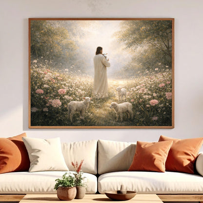 Good Shepherd Christian Canvas Wall Art, Jesus with Lambs in Meadow home Decor