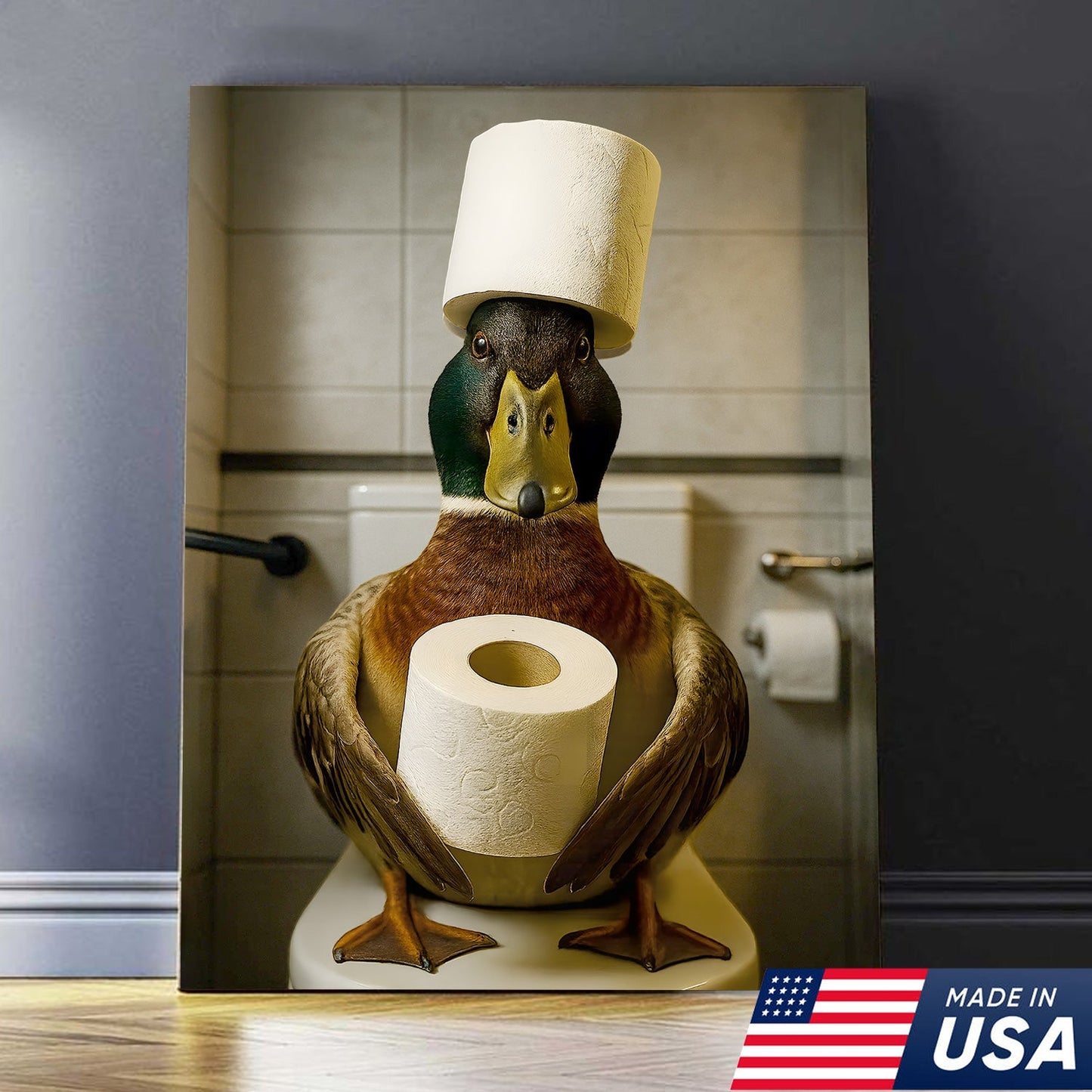 Funny Duck Bathroom Canvas Wall Art – Rustic Toilet Canvas for Cabin, Lodge & Man Cave Decor