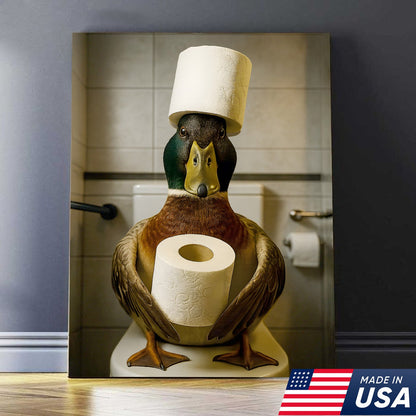 Funny Duck Bathroom Canvas Wall Art – Rustic Toilet Canvas for Cabin, Lodge & Man Cave Decor