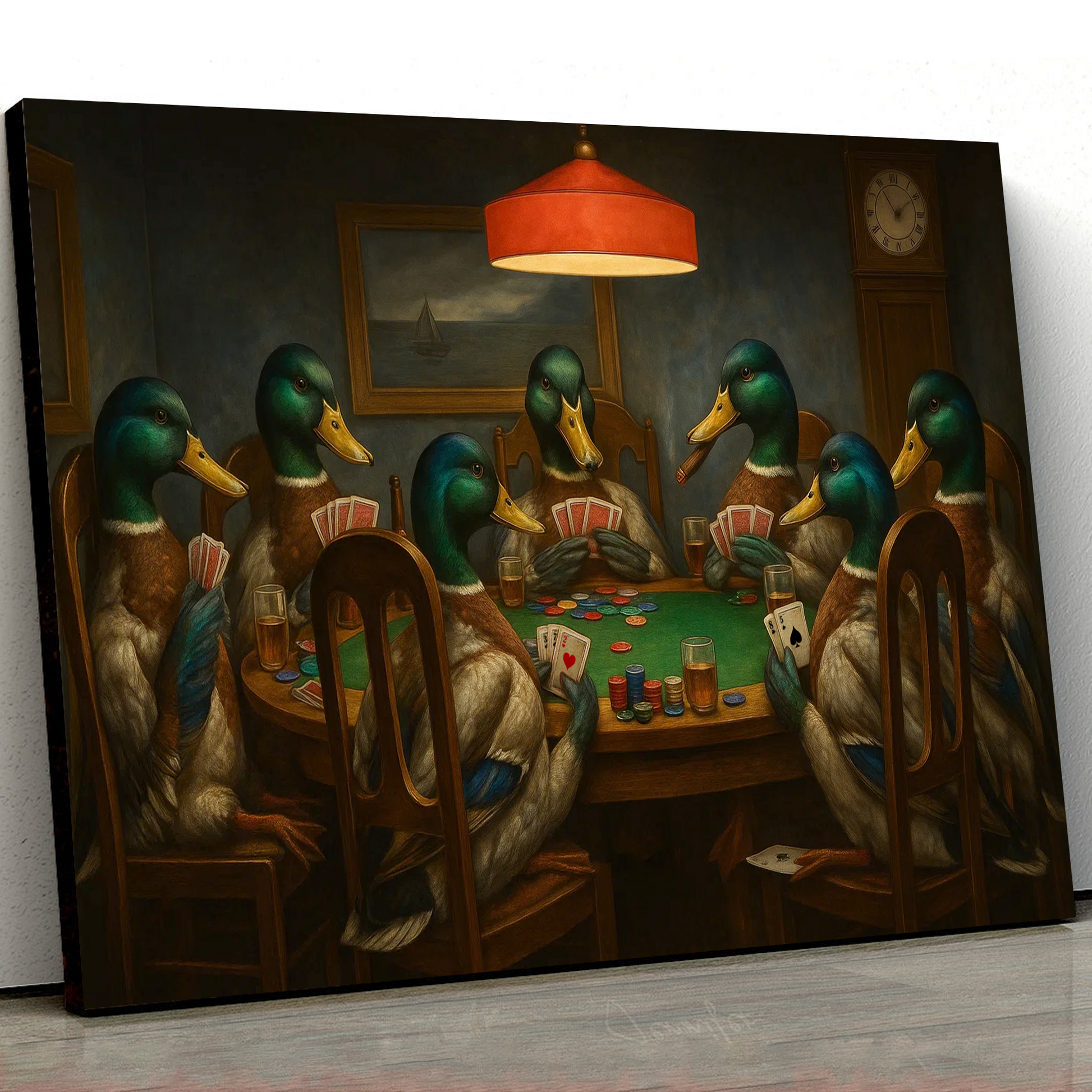Funny Ducks Playing Poker Canvas Wall Art – Rustic Wildlife Game Night Decor