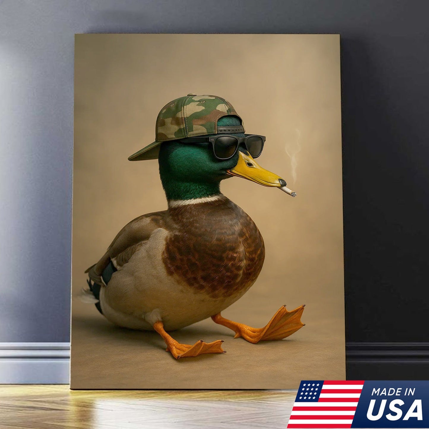 Cool Mallard Duck with Camo Hat Wall Art – Funny Hunting Canvas Print