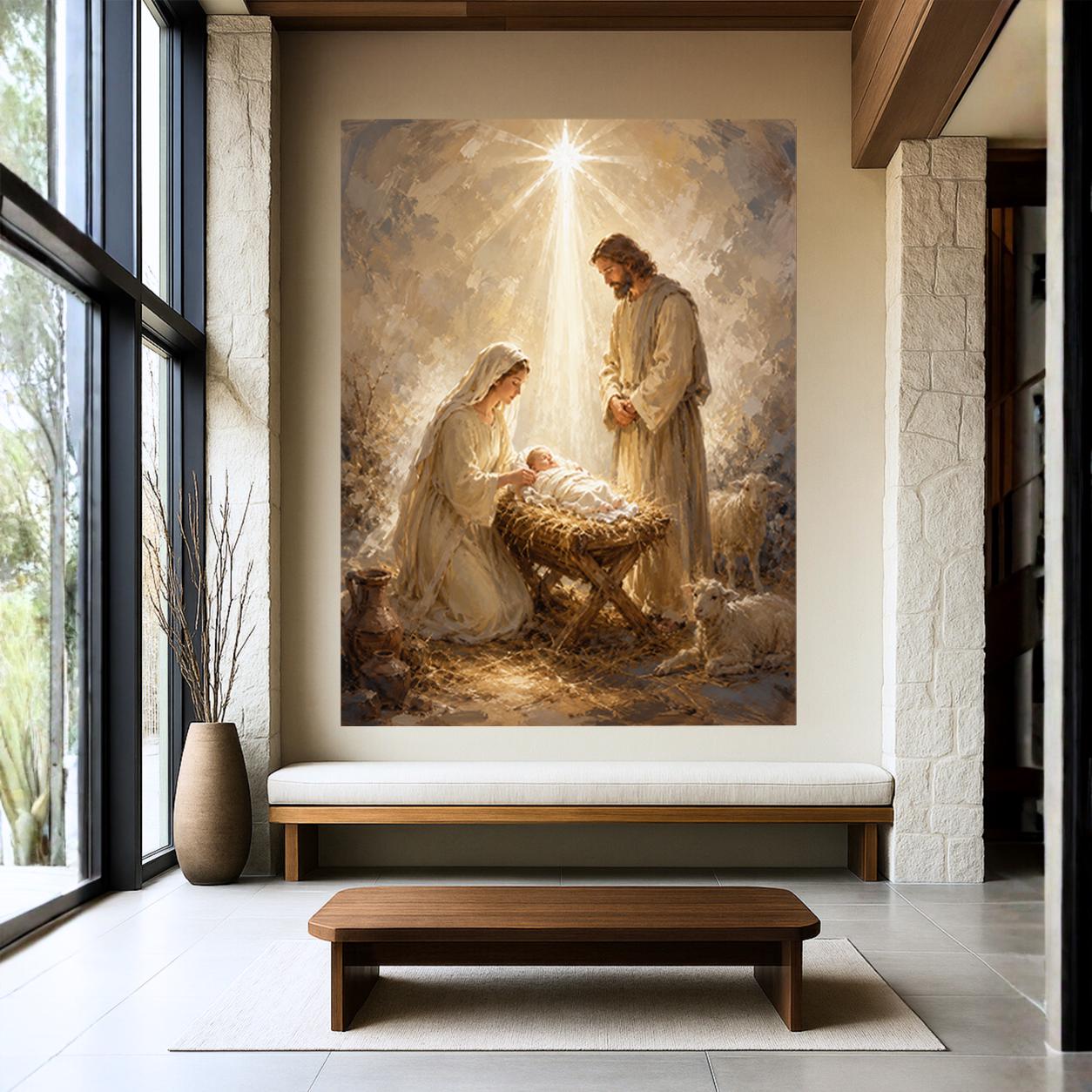 Nativity Scene Canvas Print, Holy Family Christian Wall Art, Neutral Religious Wall Decor