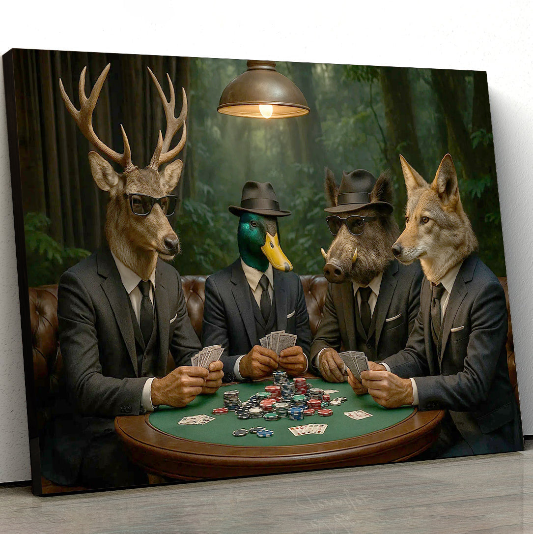 Hunter Animals Playing Poker Canvas - Deer, Duck, Boar & Coyote Poker Print